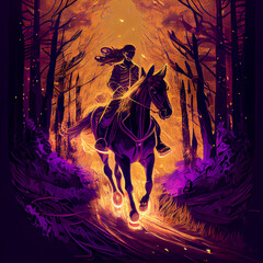 A  rider on a horse rides through a magical forest