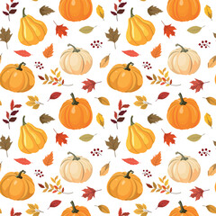 Vector fall season seamless pattern with colorful pumpkins, forest leaves, and berries. Isolated on white background. Autumn harvest illustration. Thanksgiving wallpaper.