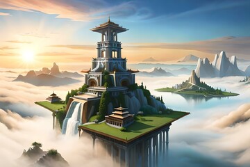Fototapeta premium a city perched on floating islands above the clouds. Each island should feature unique architectural styles