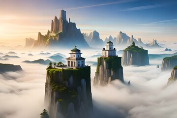 a city perched on floating islands above the clouds. Each island should feature unique architectural styles