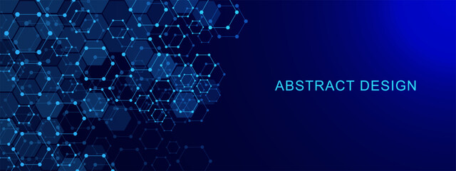 Abstract futuristic hexagons for network connection, computer and communication technology on dark blue background.