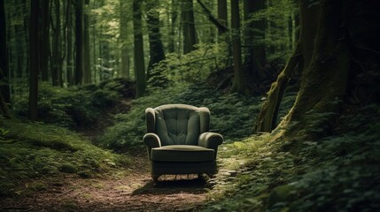 The soft armchair in the forest. Created with Generative Ai technology.