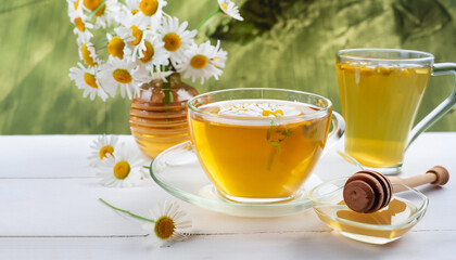 Chamomile herbal tea with flower buds, honey and lemon on a white wooden table and a bouquet of...