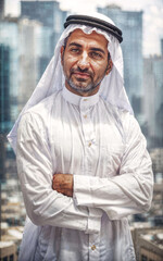 rich arab businessman in Traditional White Outfit in big city in background, generative AI
