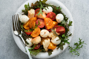 Tuscan Panzanella. Cherry Tomatoes salad with arugula, basil, mozzarella and bread crackers on white bowl. Traditional italian salad. Mediterranean healthy food and