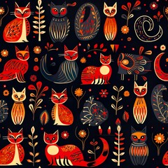 cats seamless pattern in style of traditional