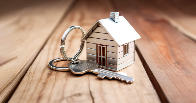 House keys with house shaped keychain on wooden background. House key on a house shaped keychain resting on wooden floorboards concept for real estate, moving home or renting property
