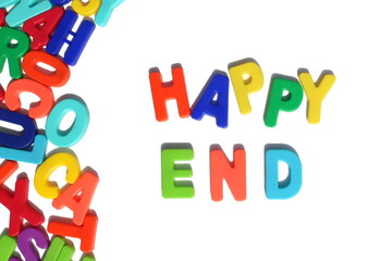 The word "happy ending" is written in bright multi-colored letters on a white background.