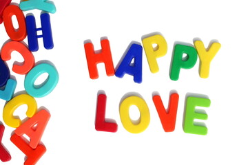 The words "happy love" are lined with bright multi-colored letters on a white background.