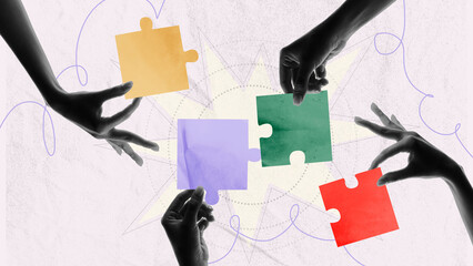 Human hands connecting puzzles. Well-coordinated teamwork. Strategy. Contemporary art collage. Conceptual design