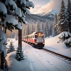 Naklejka premium christmas train ride in the snowy forest