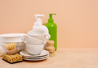 Dishes assortment. Copy space for text. Washing dishes at home.