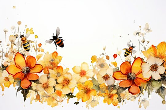 Illustration Of Bees Flying Over Flowers On A White Background.