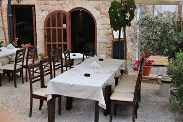 Restaurant tables and chairs in Athens, Greece.