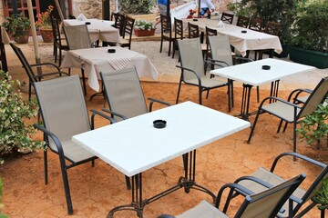 Restaurant tables and chairs in Athens, Greece.