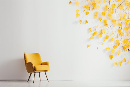 Yellow leaves and an armchair on a white wall background. Autumn banner concept with place for text.