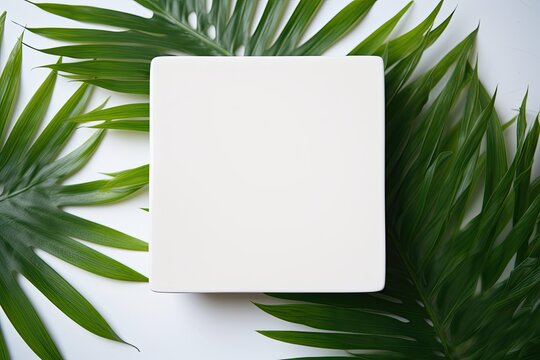 Empty white square coaster and exotic palm leaves on a white background.