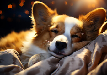 corgi puppy lies under the blanket sleeping on the bed, AI Generated