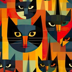 cats seamless pattern in style of cubism