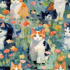 cats seamless pattern in style of Impressionism
