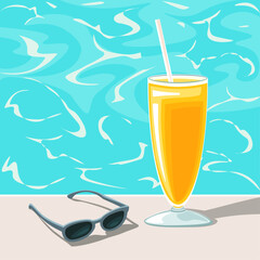 Orange drink and sunglasses on the edge of the pool, summer poster with space for text, vector illustration.