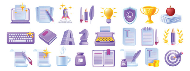 3D write author icon set, vector laptop article, creative story content sign, book paper document. Literature poetry concept, digital education translate grammar clipart, typewriter. Write icon kit - obrazy, fototapety, plakaty
