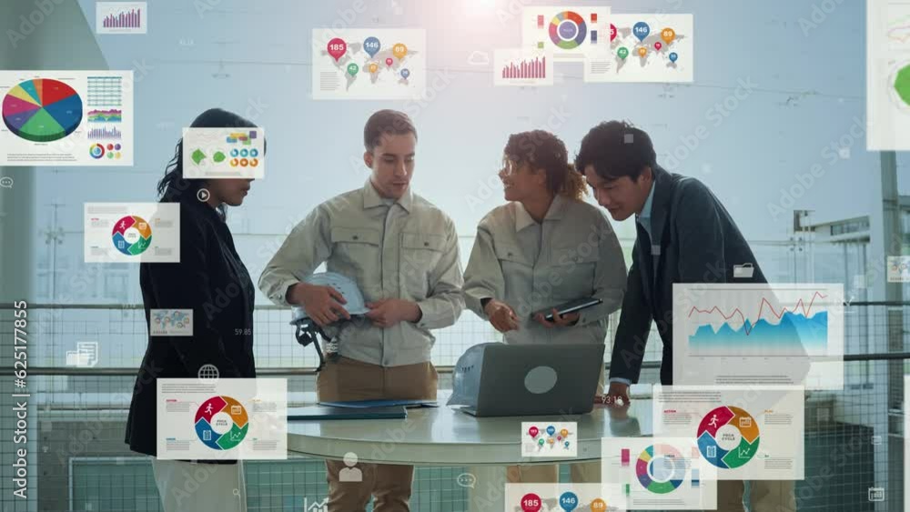 Poster multinational people meeting in the lobby and statistical data concept.