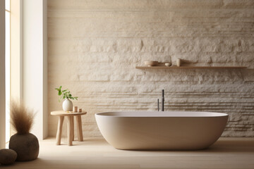 Stylish contemporary Minimalistic sandstone bathroom. Photorealistic illustration of Generative AI.
