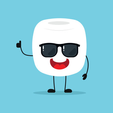 Cute happy marshmallow character wear sunglasses. Funny marshmallow greet friend cartoon emoticon in flat style. sweet emoji vector illustration
