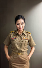 photo of middle aged asian woman in Thai teacher uniform, generative AI