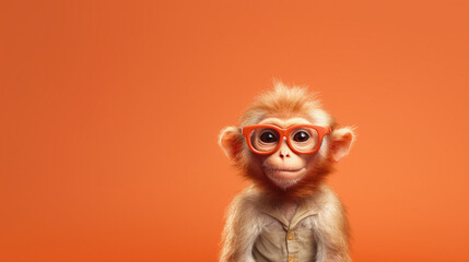 Clever monkey with glasses and orange background, Generative AI - 625178245