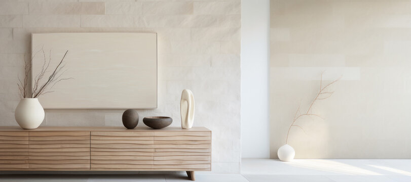 Trendy minimalistic japandi modern interior living room in beige tones. Photorealistic illustration generative AI.