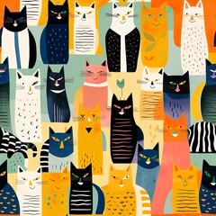 cats seamless pattern in style of collage art