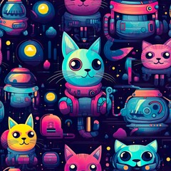cats seamless pattern in style of sci-fi