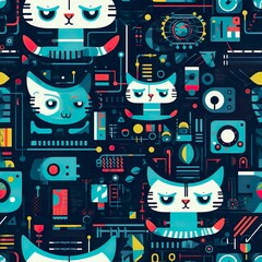 cats seamless pattern in style of techno art