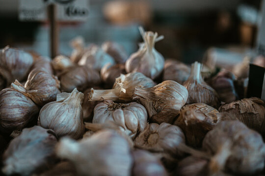 Close-up of garlic for sale at Flemington Farmers Market in Sydney