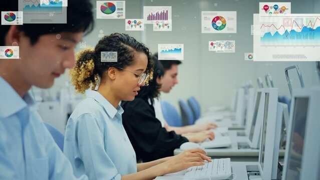 Multinational people working in office and statistical data concept. Telemarketing.