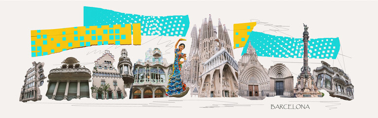 Contemporary art collage. Design in modern contemporary retro style about Barcelona