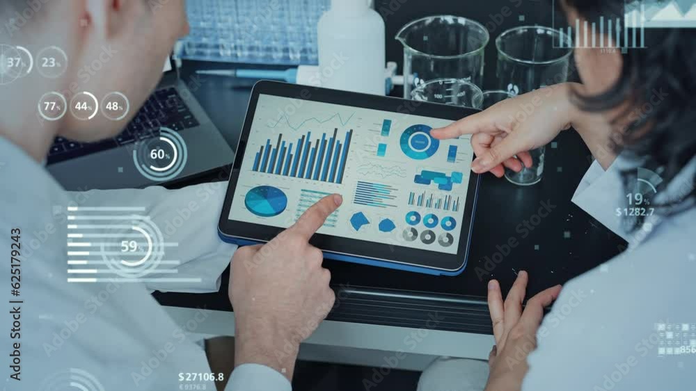 Poster Multinational scientists talking in the laboratory and statistical data concept. Science technology.