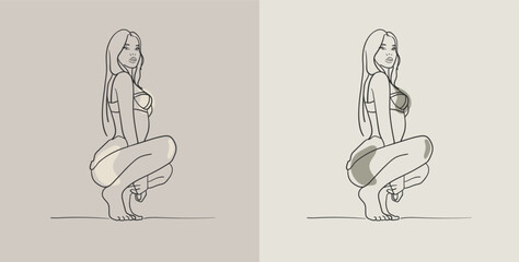 Girl collection in underwear with shape on a beige background. Sex shop design. Pole dancer. Female sexuality. Vector illustration in line art style