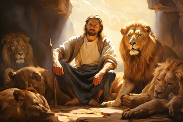 Daniel at the Lions Den Jesus Christ Lion of the Tribe of Judah Generative AI Illustration - obrazy, fototapety, plakaty