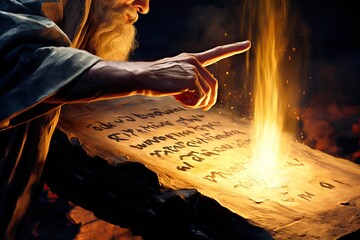 The Ten Commandments written on stone tablets written by the finger of God with fire effect Generative AI Illustration - obrazy, fototapety, plakaty