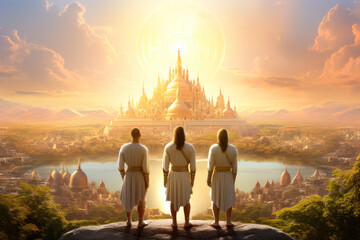 Fototapeta premium Three angels contemplating the holy city the New Jerusalem in the distance Generative AI Illustration