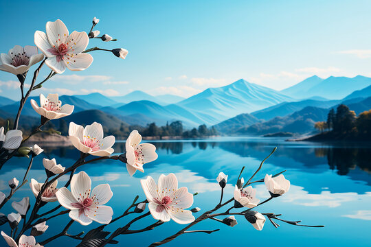Delicate light pink flowers on the background of a lake and a mountain landscape. Painting. 
