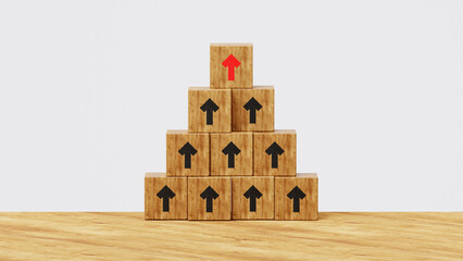 Red arrow leading others on pyramid of wooden block. Business hiring and recruitment selection. Career opportunity. Human Resource Management. Leadership. Leader and employees. 3d illustration