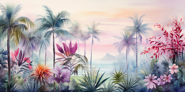 Lush tropical plants and graceful palm trees ocean landscape. Soothing palette of delicate pastel hues painted in watercolour. Generative AI illustration