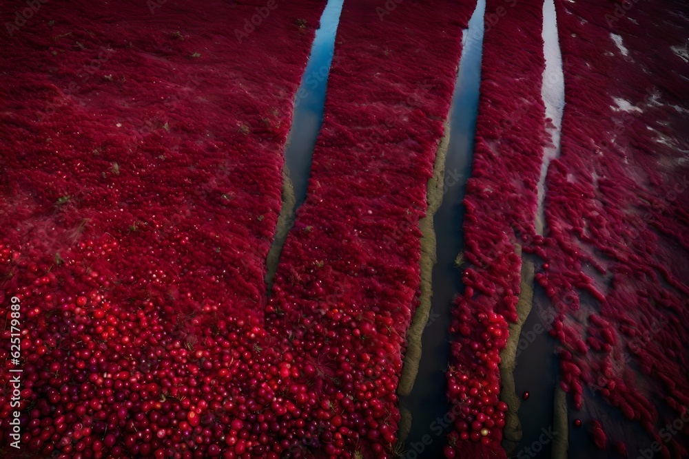 Poster a cranberry bog with bright red cranberries floating on the surface - ai generative