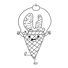 Illustration in black and white of a cone strawberry ice cream, Kawaii style, coloring page