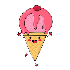Illustration of a cone strawberry ice cream, Kawaii style, design for t-shirt
