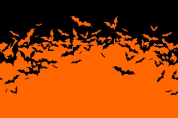 Muurstickers Halloween banner with black bats on the orange background. Illustration with text.  © Yulia Ogneva